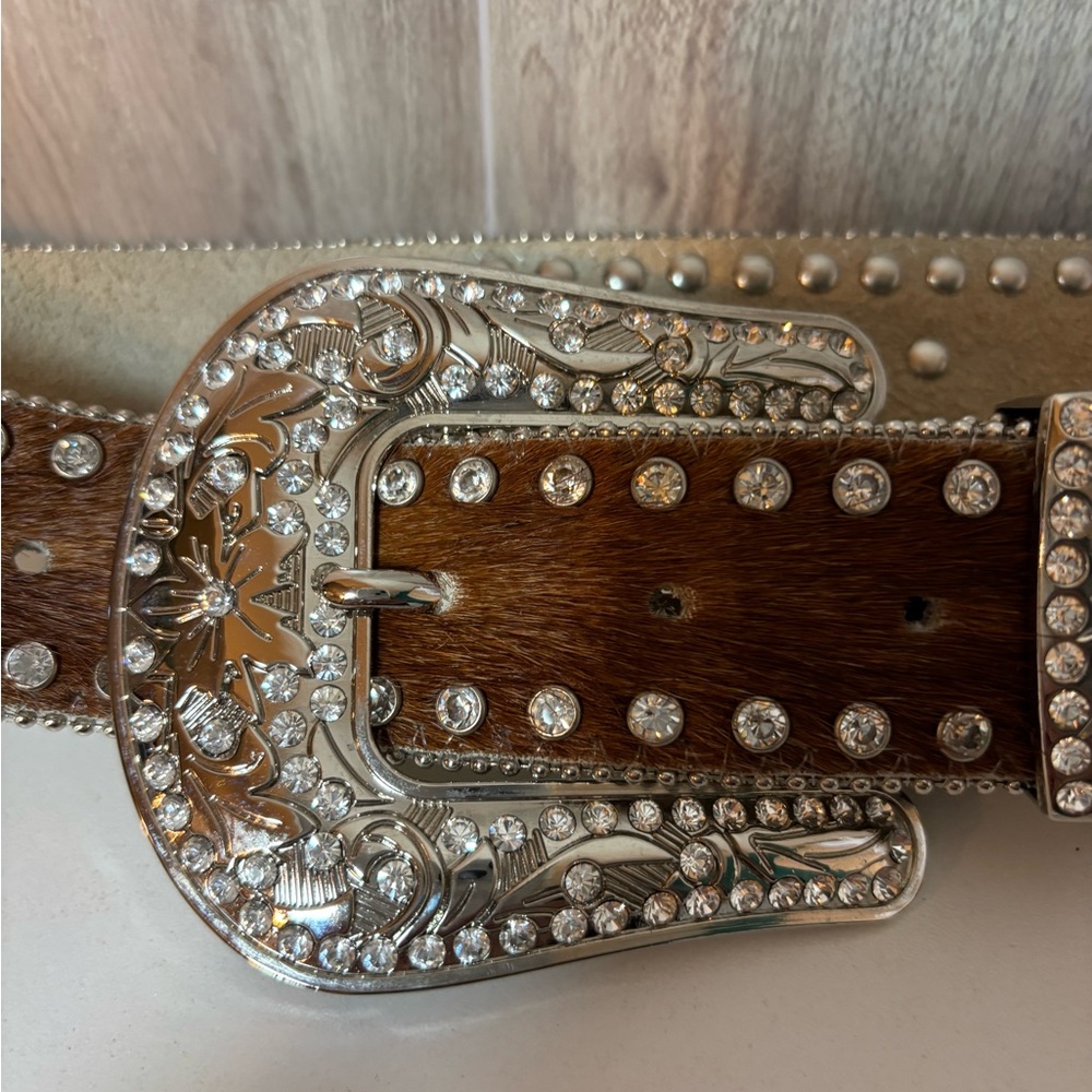 Nocona Genuine Leather Calf Hair on Hide Rhinestone Belt Rodeo Western Bling